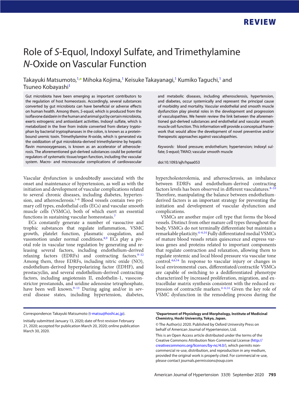 Role of S-Equol, Indoxyl Sulfate, and Trimethylamine N-Oxide on Vascular Function