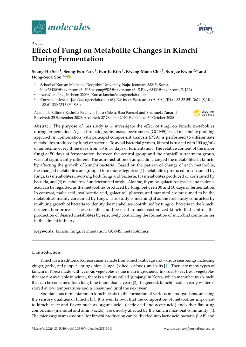 Effect of Fungi on Metabolite Changes in Kimchi During Fermentation