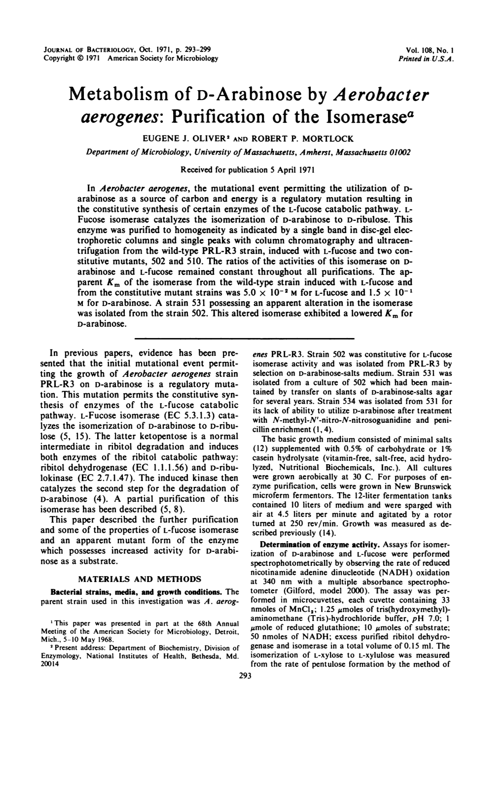 Metabolism of D-Arabinose by Aerobacter Aerogenes: Purification of the Isomerasea