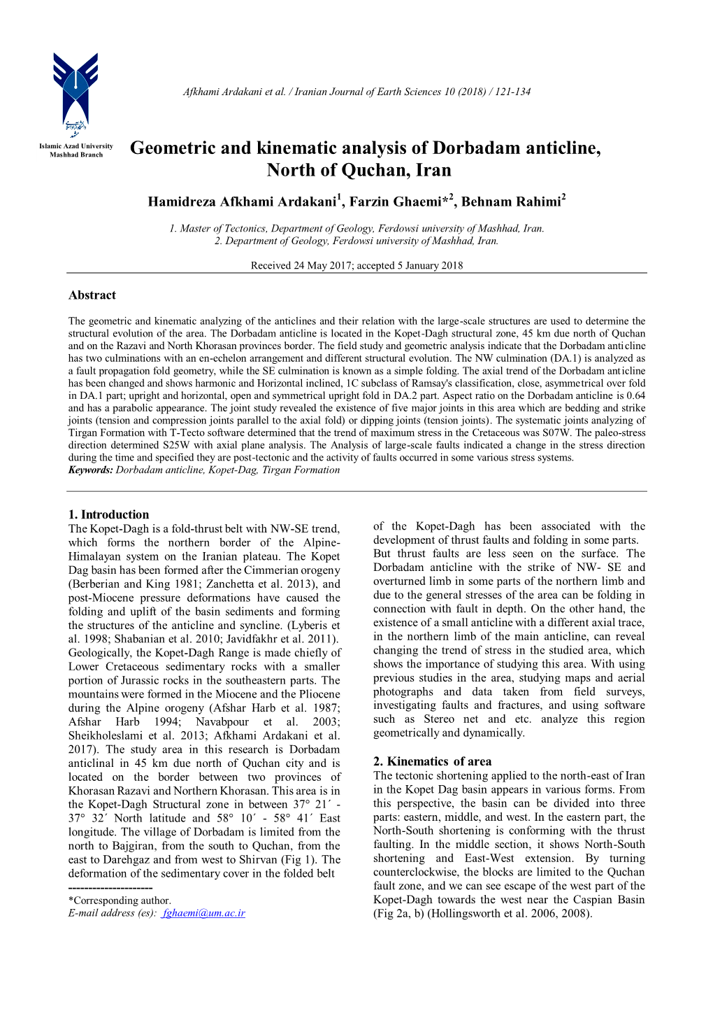 Geometric and Kinematic Analysis of Dorbadam Anticline, North of Quchan, Iran