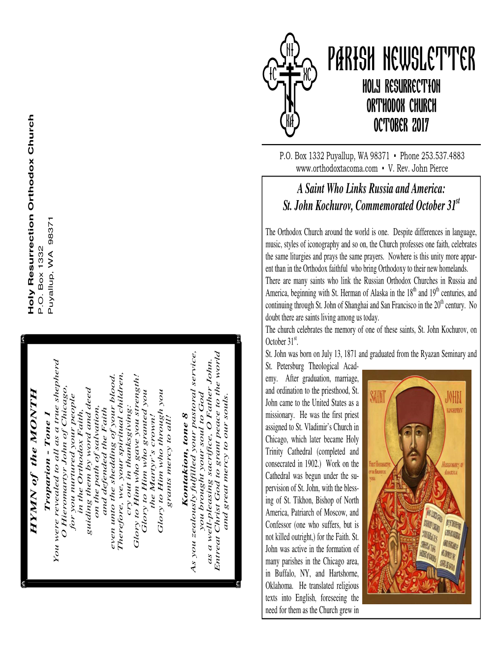 Parish Newsletter Holy Resurrectionholy Orthodox Churchorthodox October October 2017 Oxy to Their New Homelands