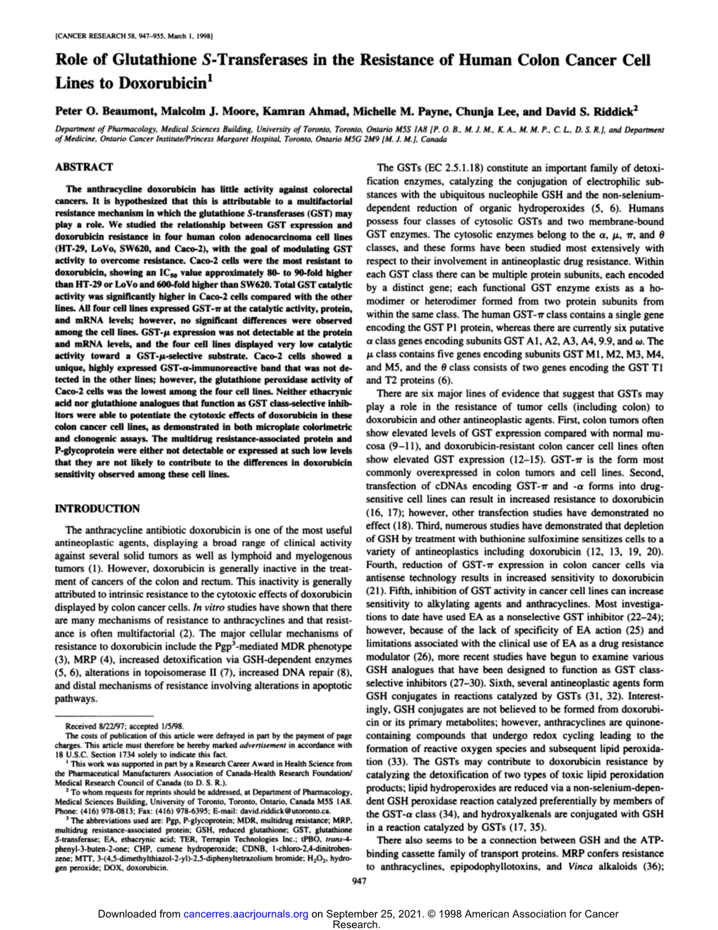 Role of Glutathione S-Transferases in the Resistance of Human Colon Cancer Cell Lines to Doxorubicin1