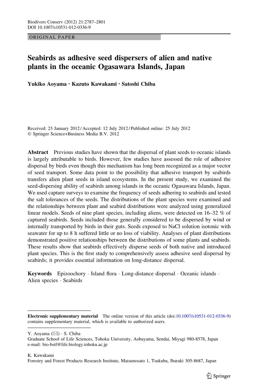 Seabirds As Adhesive Seed Dispersers of Alien and Native Plants in the Oceanic Ogasawara Islands, Japan