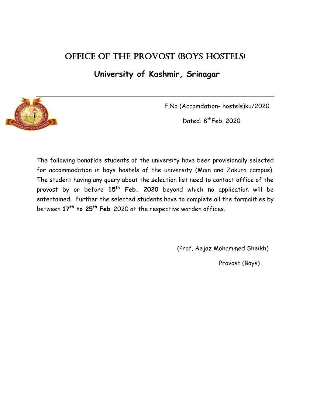 Office of the Provost (Boys Hostels) University of Kashmir, Srinagar