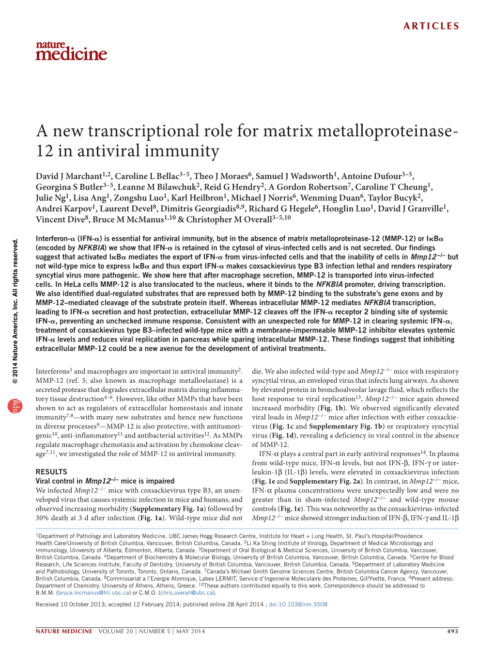 A New Transcriptional Role for Matrix Metalloproteinase-12 in Antiviral Immunity