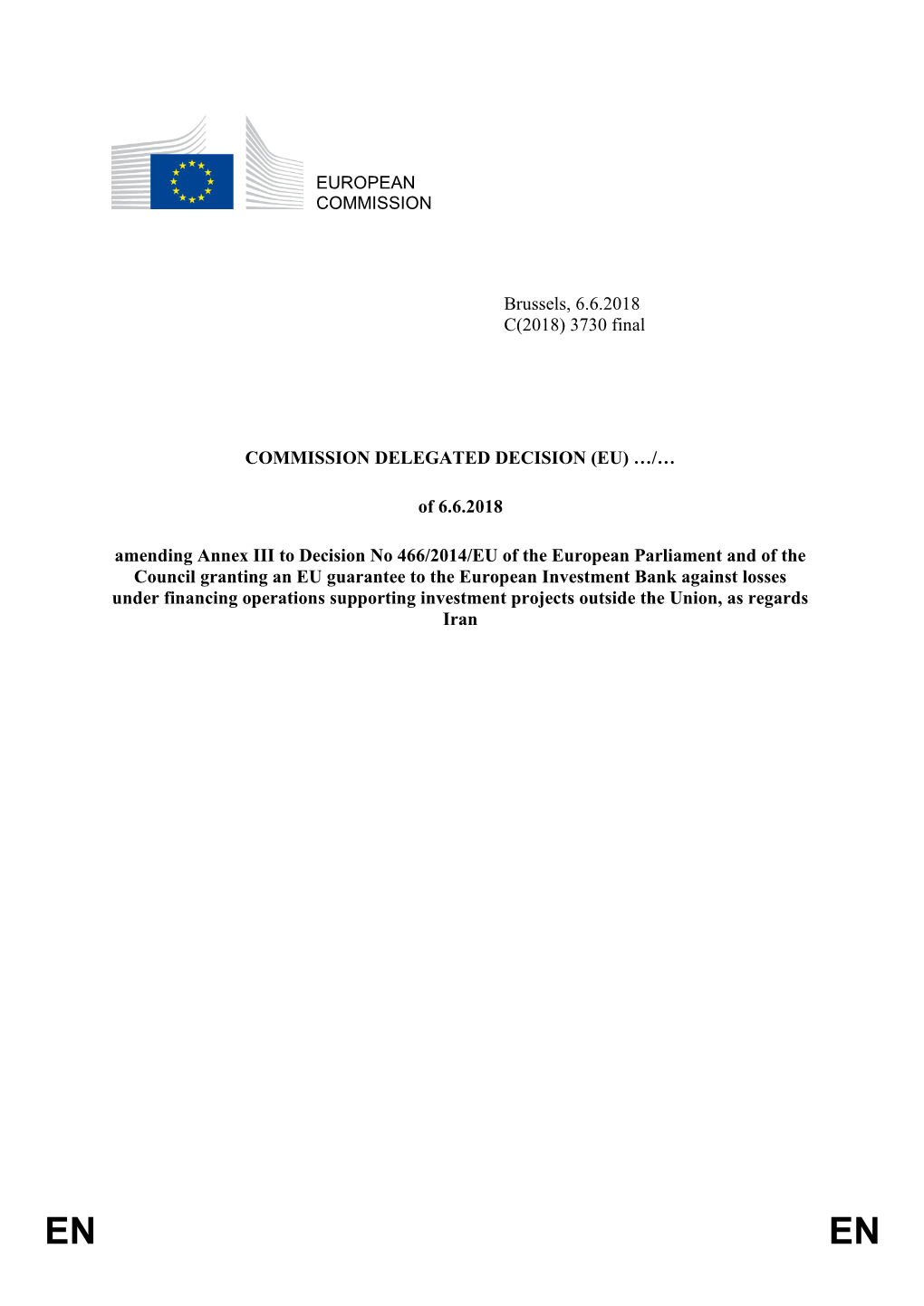 European Investment Bank Against Losses Under Financing Operations Supporting Investment Projects Outside the Union, As Regards Iran