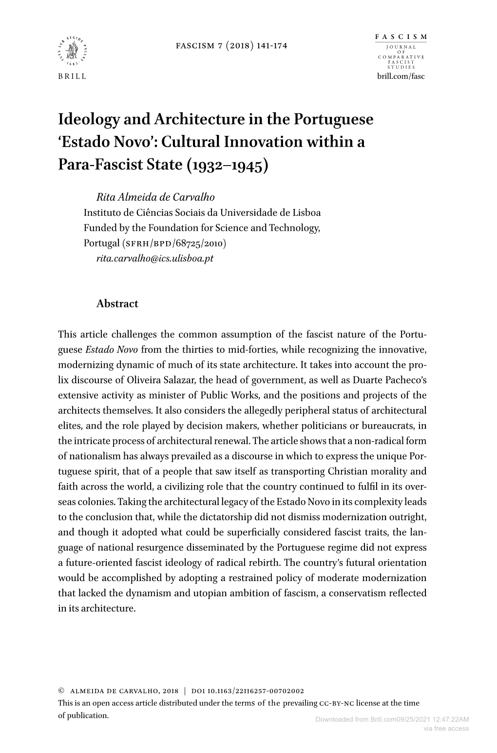 Estado Novo’: Cultural Innovation Within a Para-Fascist State (1932–1945)