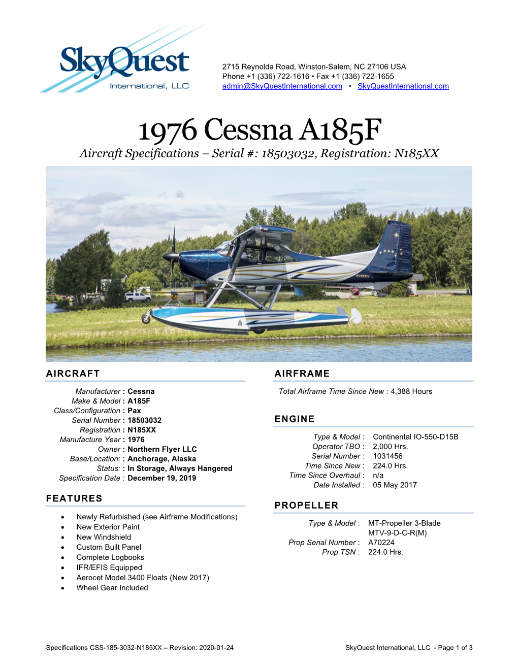 Aircraft Specifications – Serial #: 18503032, Registration: N185XX