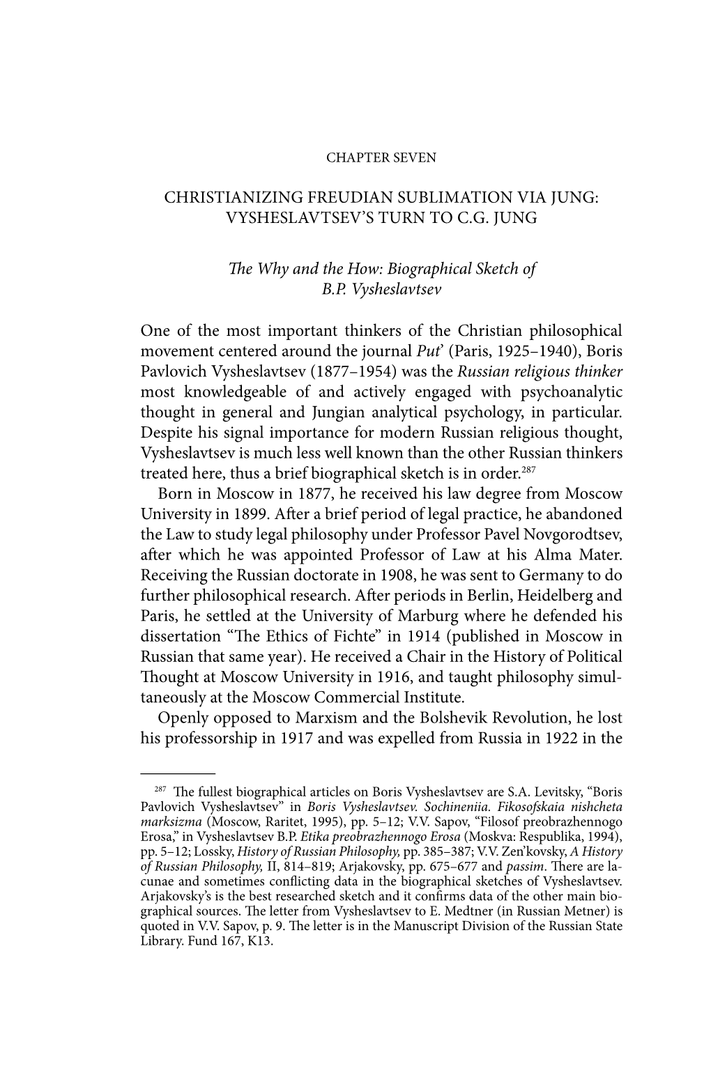Christianizing Freudian Sublimation Via Jung: Vysheslavtsev’S Turn to C.G