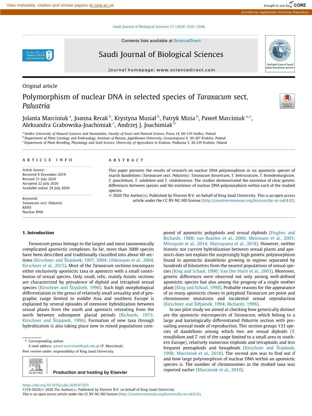 Polymorphism of Nuclear DNA in Selected Species of Taraxacum Sect