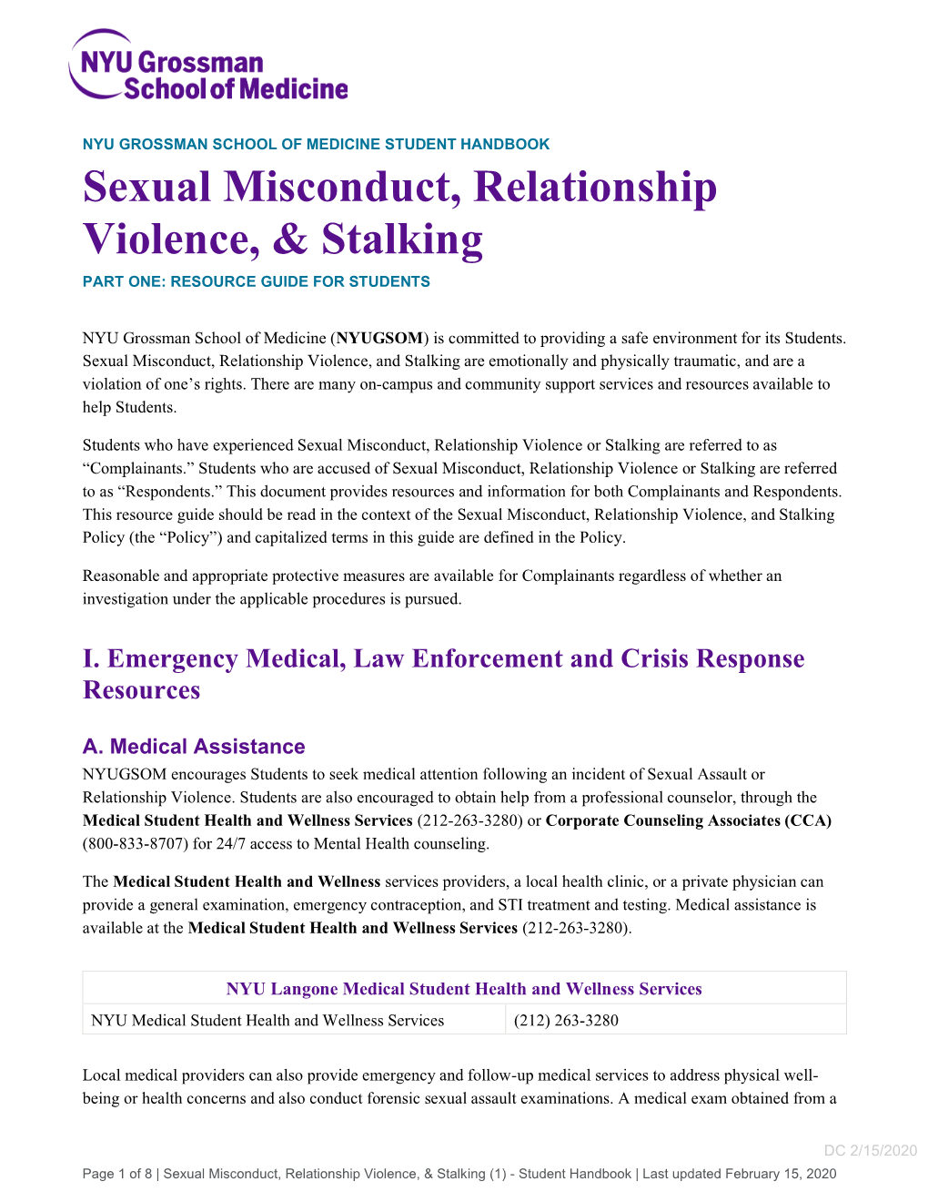 Sexual Misconduct, Relationship Violence, & Stalking PART ONE: RESOURCE GUIDE for STUDENTS