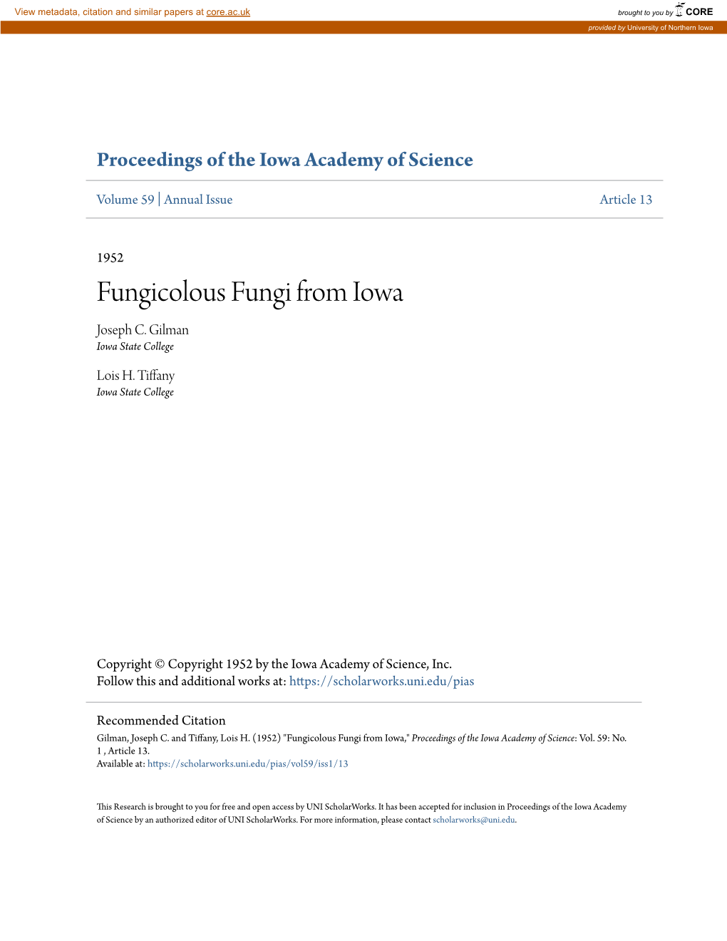 Fungicolous Fungi from Iowa Joseph C