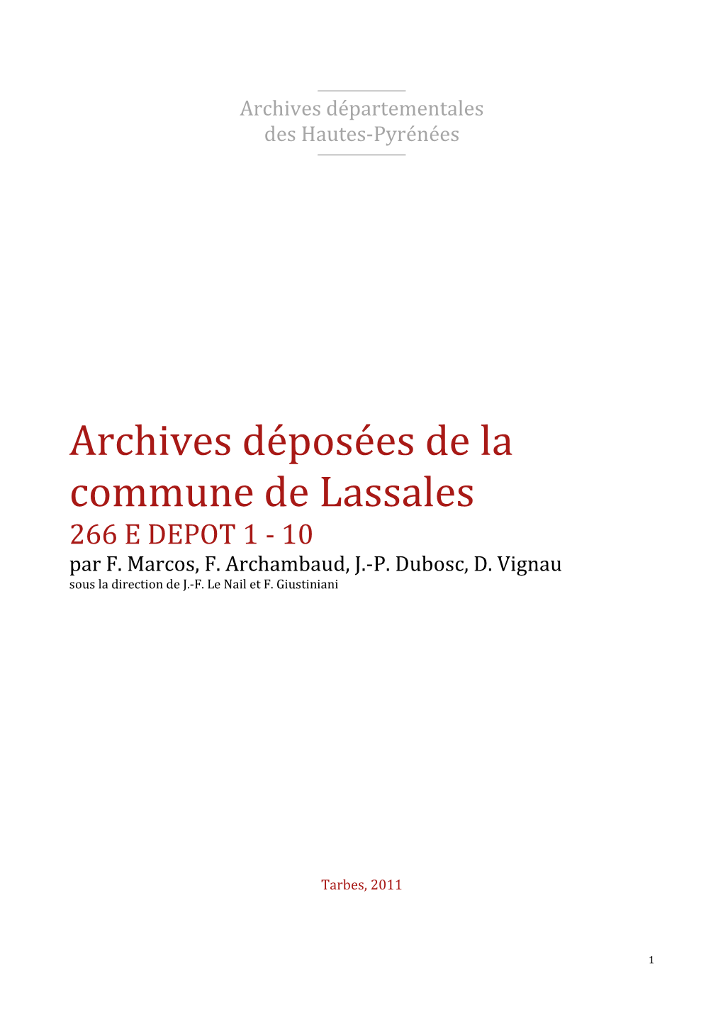 Répertoire Des Archives Déposées De Lassales