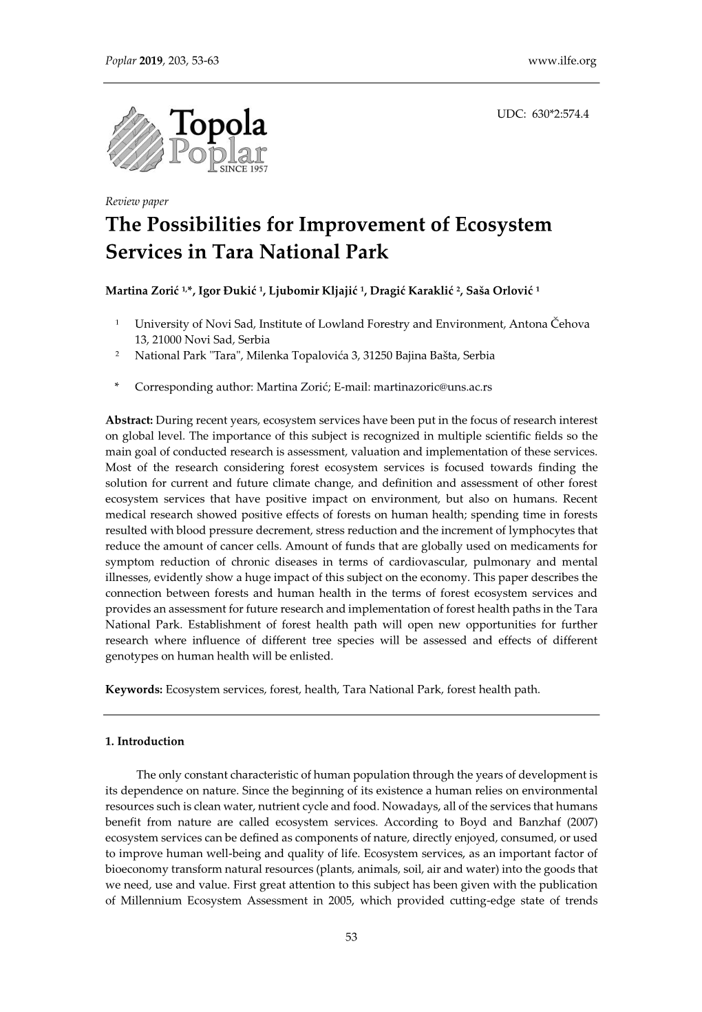 The Possibilities for Improvement of Ecosystem Services in Tara National Park