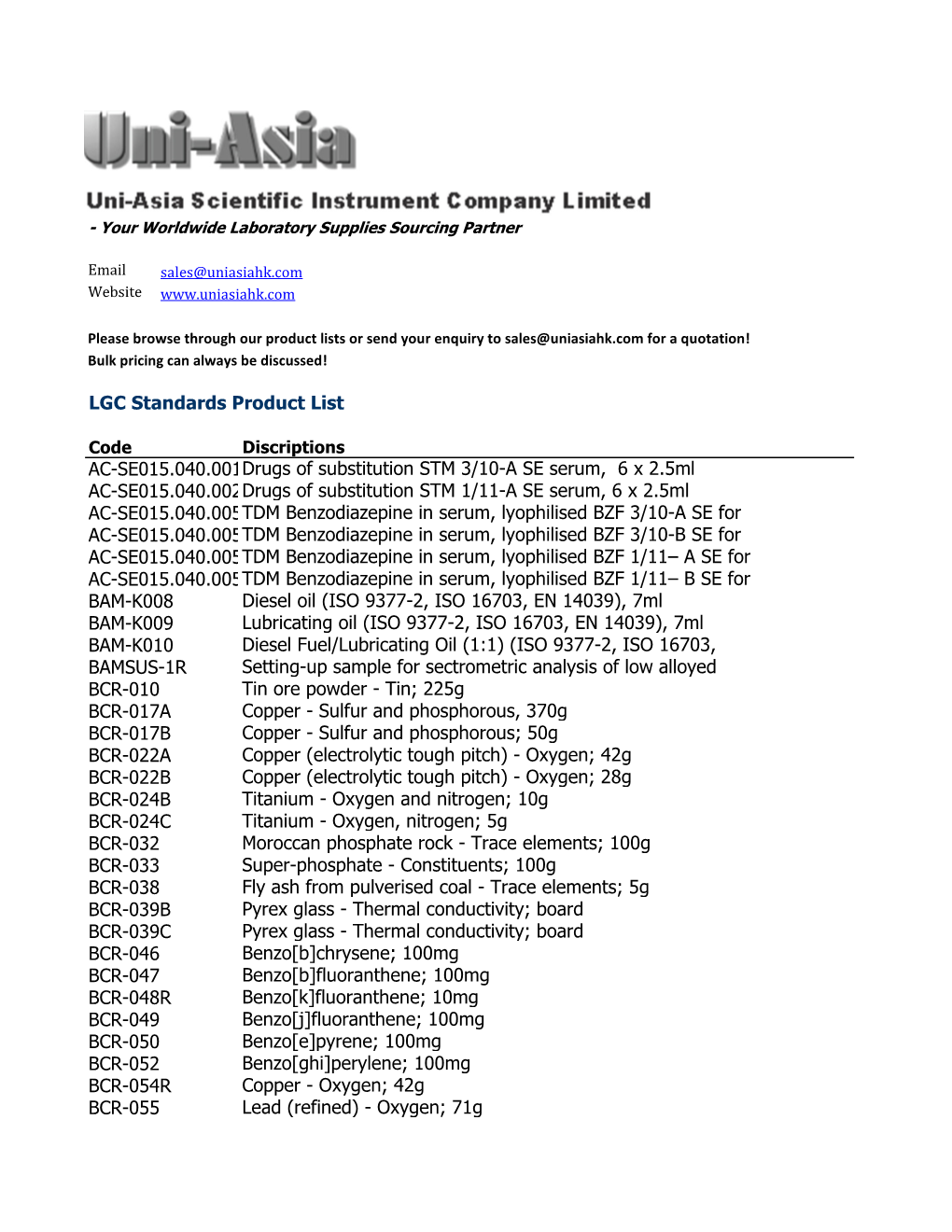 LGC Product List