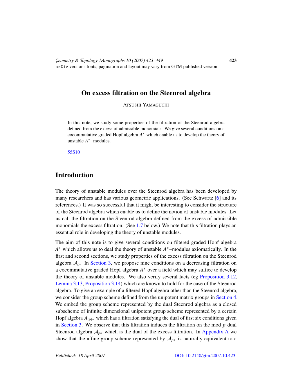 On Excess Filtration on the Steenrod Algebra Introduction