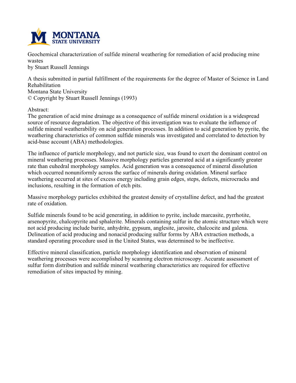 Geochemical Characterization of Sulfide Mineral Weathering For