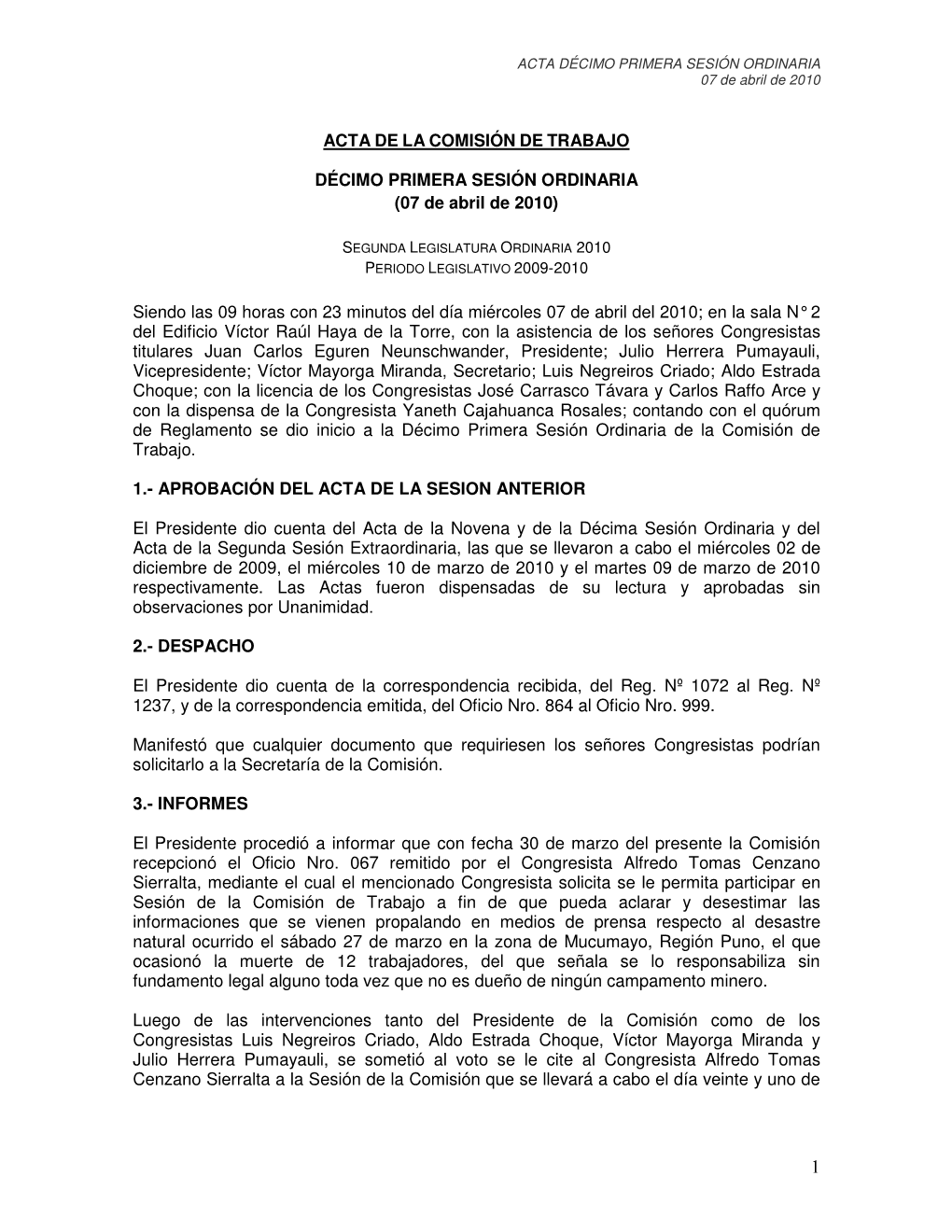 Acta De La Comisión De Trabajo Décimo