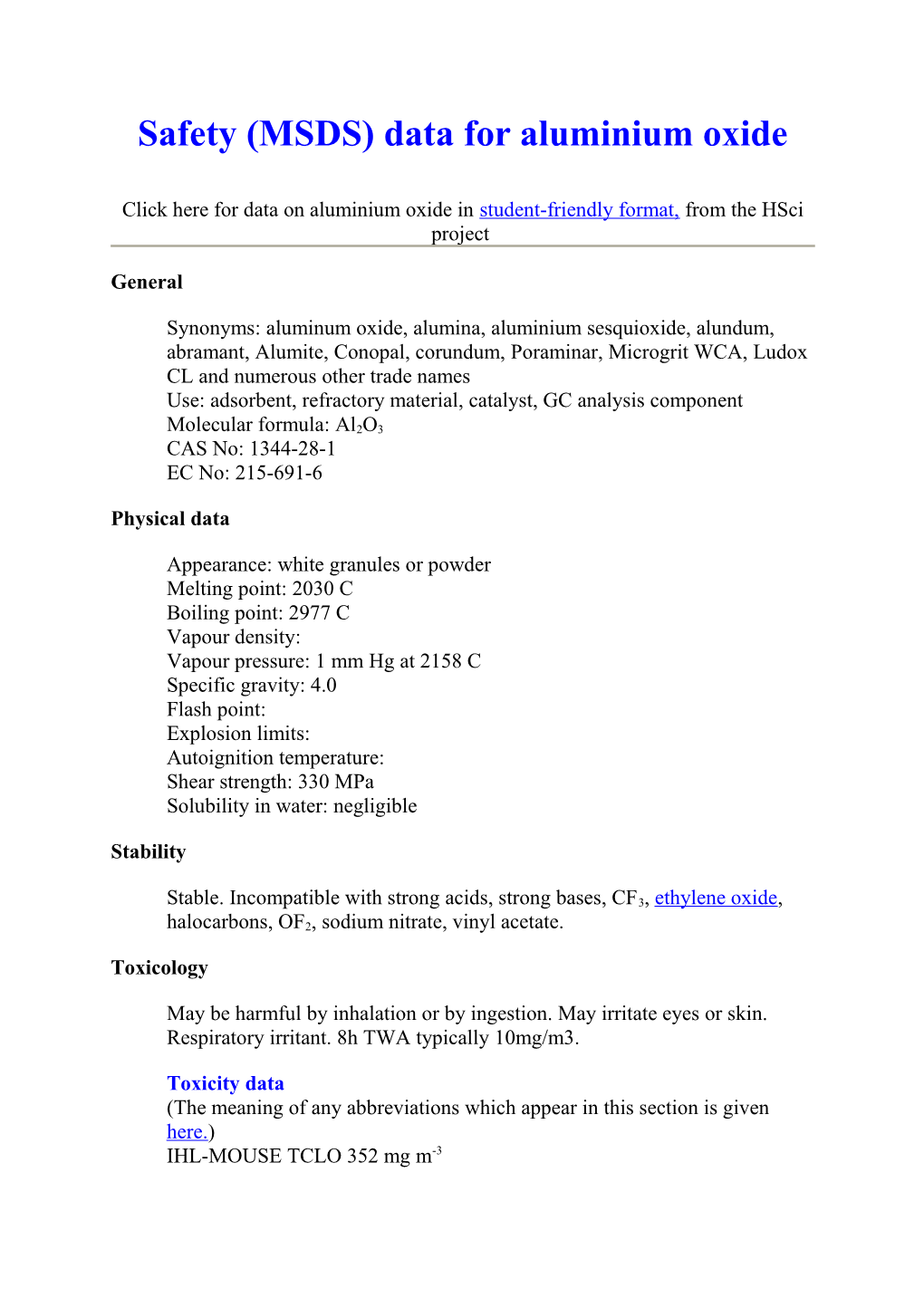 Safety (MSDS) Data for Aluminium Oxide