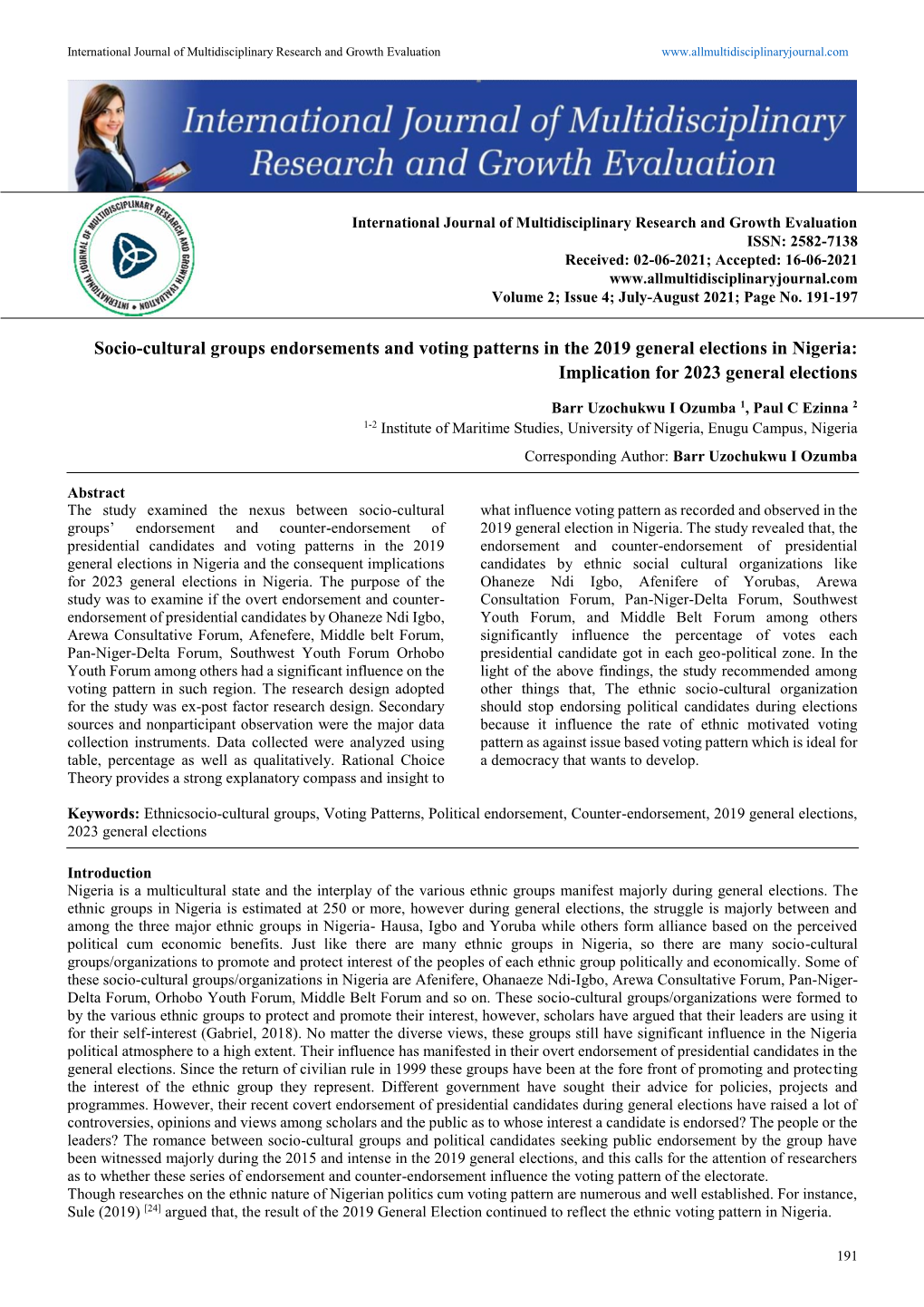 Socio-Cultural Groups Endorsements and Voting Patterns in the 2019 General Elections in Nigeria: Implication for 2023 General Elections