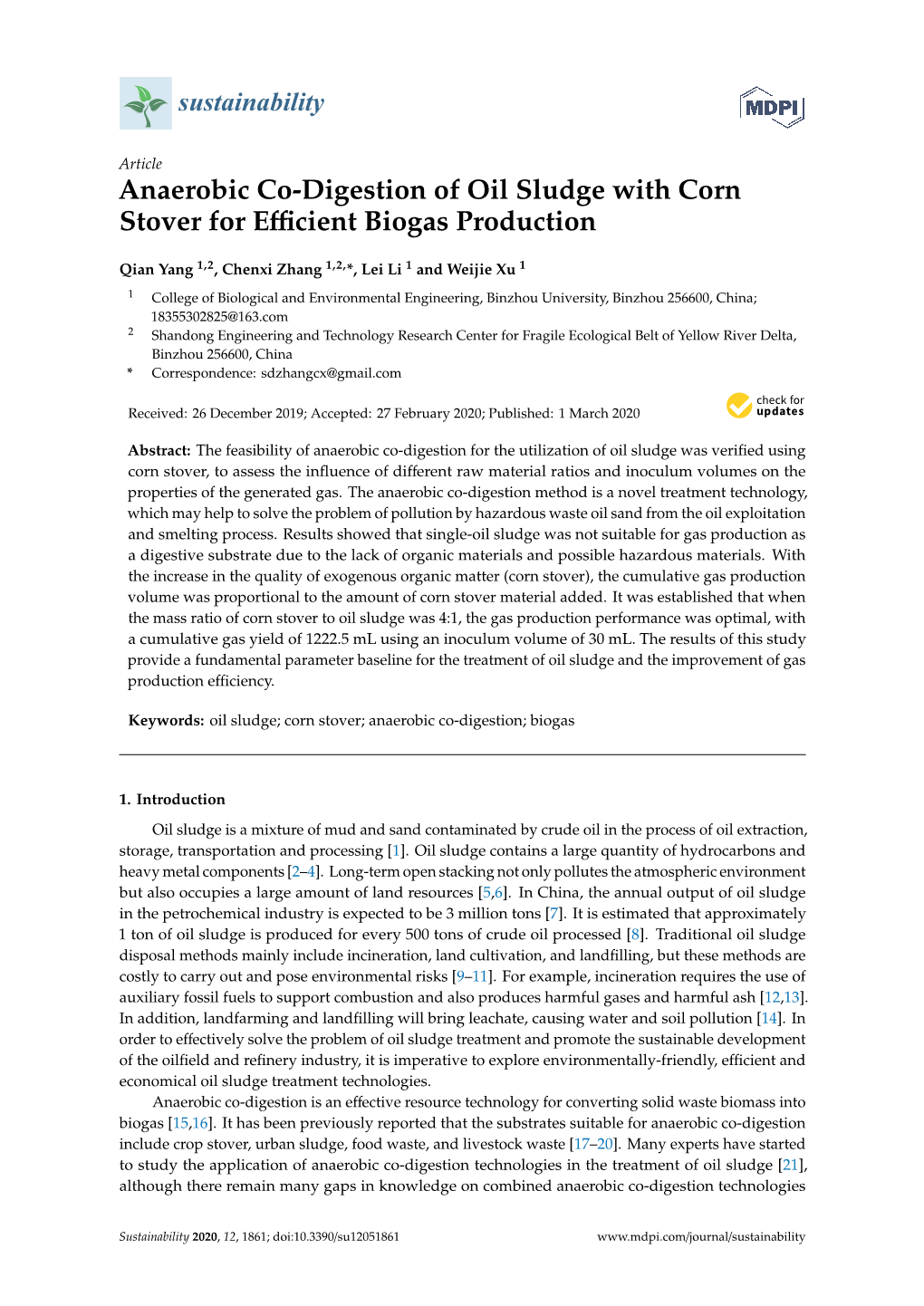 Anaerobic Co-Digestion of Oil Sludge with Corn Stover for Efficient Biogas