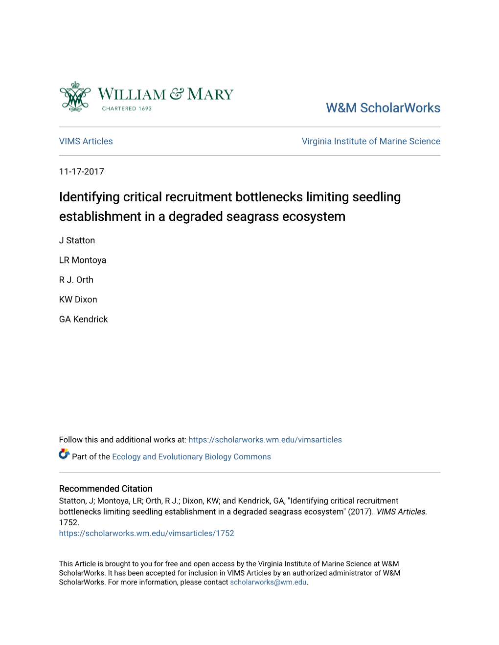 Identifying Critical Recruitment Bottlenecks Limiting Seedling Establishment in a Degraded Seagrass Ecosystem