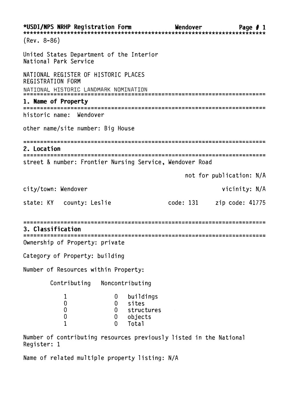 USDI/NPS NRHP Registration Form Wendover Page # 1 (Rev