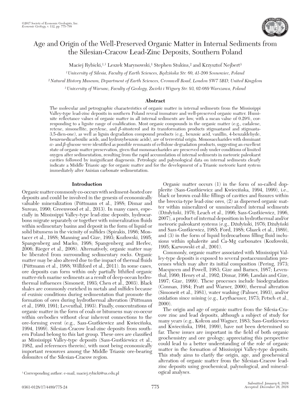 Age and Origin of the Well-Preserved Organic Matter in Internal Sediments from the Silesian-Cracow Lead-Zinc Deposits, Southern Poland