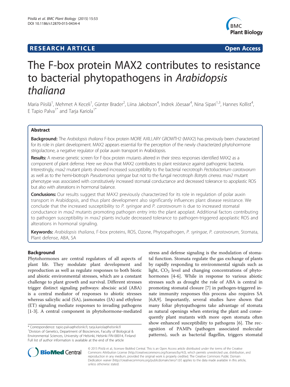 The F-Box Protein MAX2 Contributes to Resistance to Bacterial