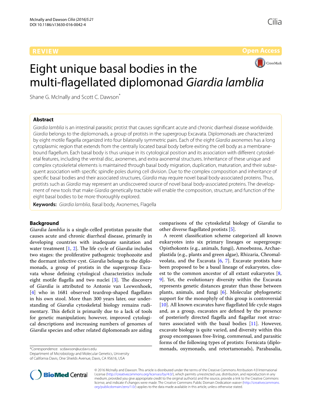 Eight Unique Basal Bodies in the Multi-Flagellated Diplomonad