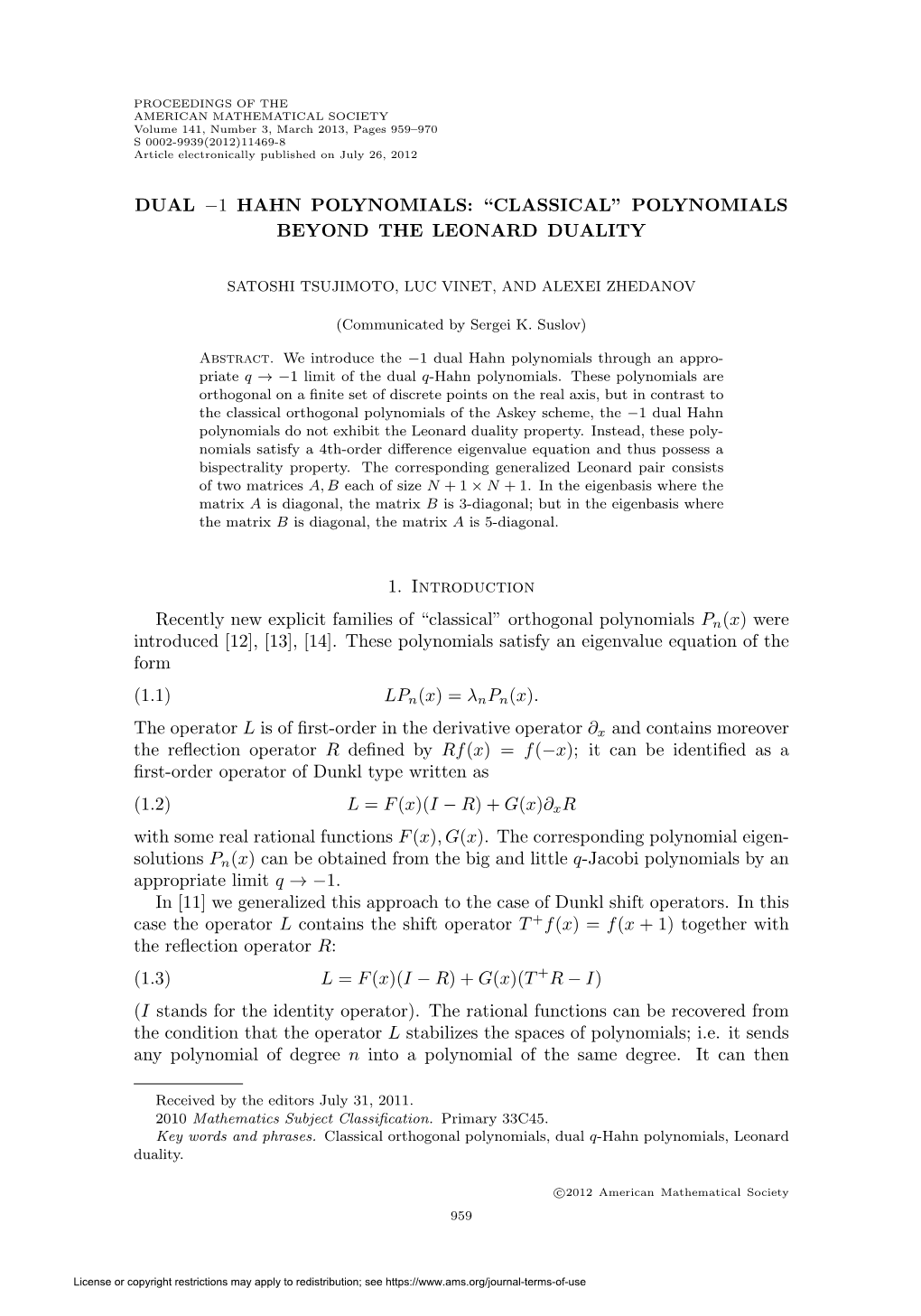 Dual -1 Hahn Polynomials: “Classical”