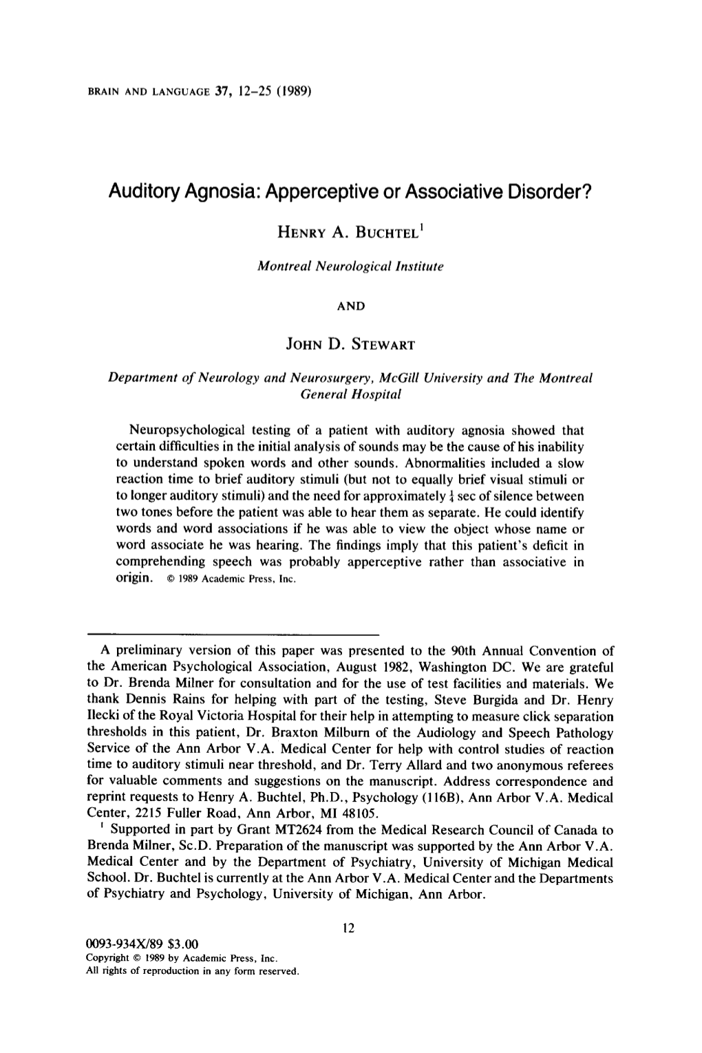 Auditory Agnosia: Apperceptive Or Associative Disorder?