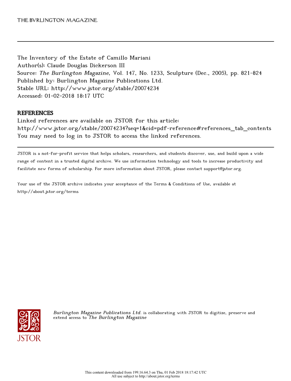 The Inventory of the Estate of Camillo Mariani Author(S): Claude Douglas Dickerson III Source: the Burlington Magazine, Vol