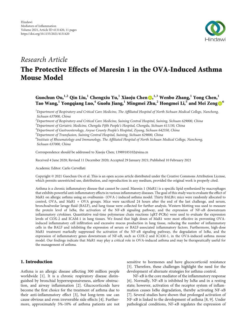 The Protective Effects of Maresin 1 in the OVA-Induced Asthma Mouse Model