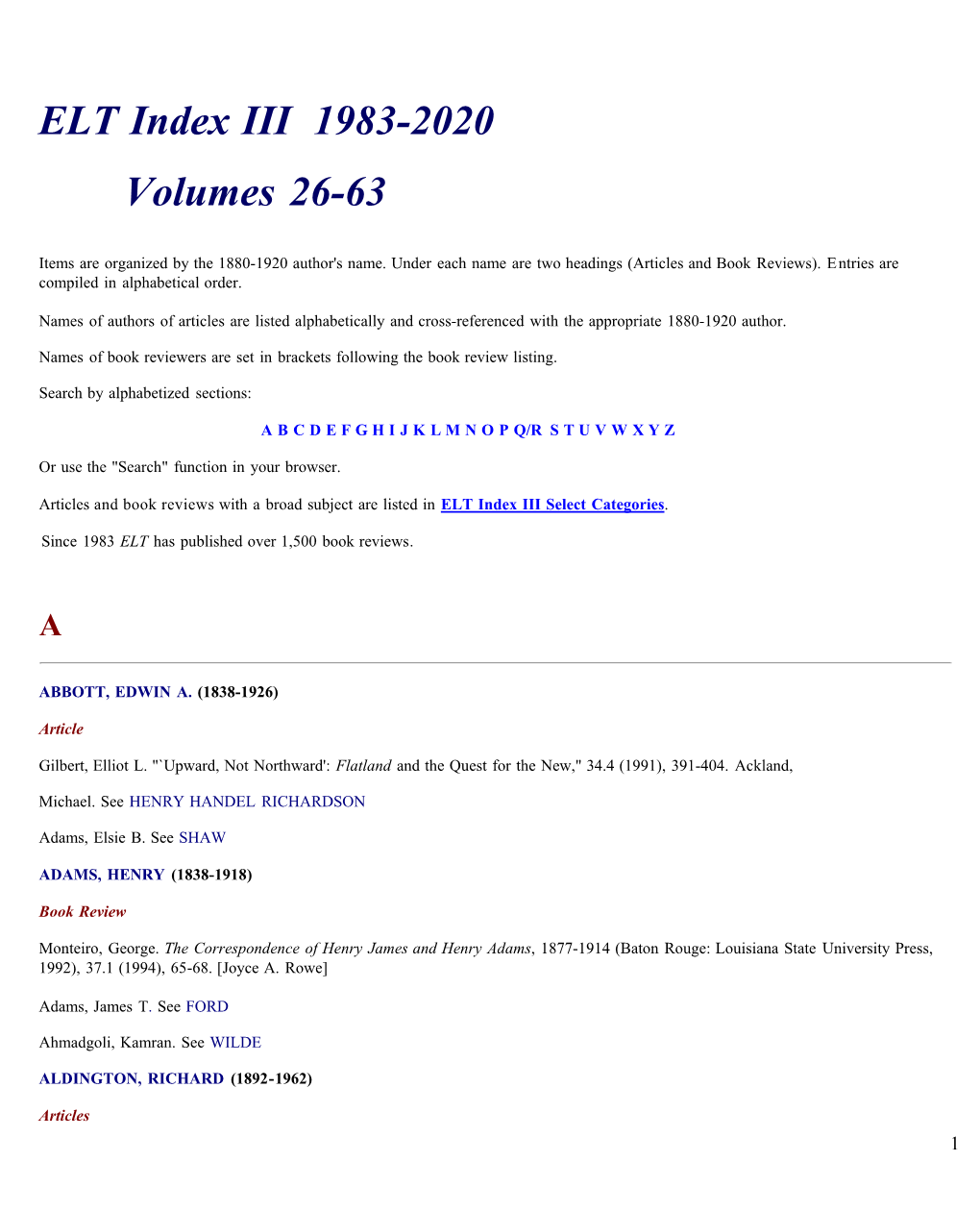 ELT Index III 1983-2020 Volumes 26-63