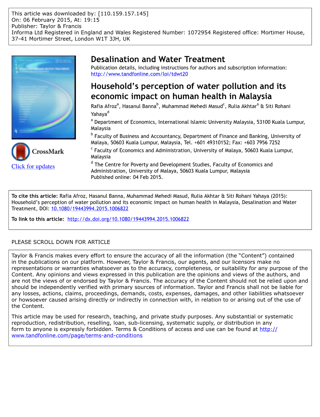 Household's Perception of Water Pollution and Its Economic Impact