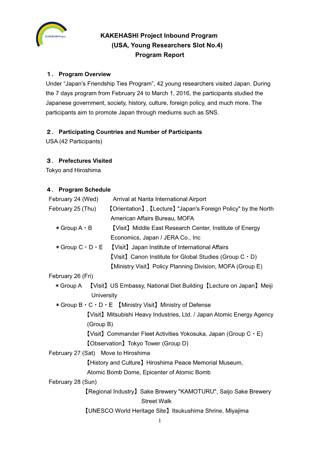KAKEHASHI Project Inbound Program (USA, Young Researchers Slot No.4) Program Report