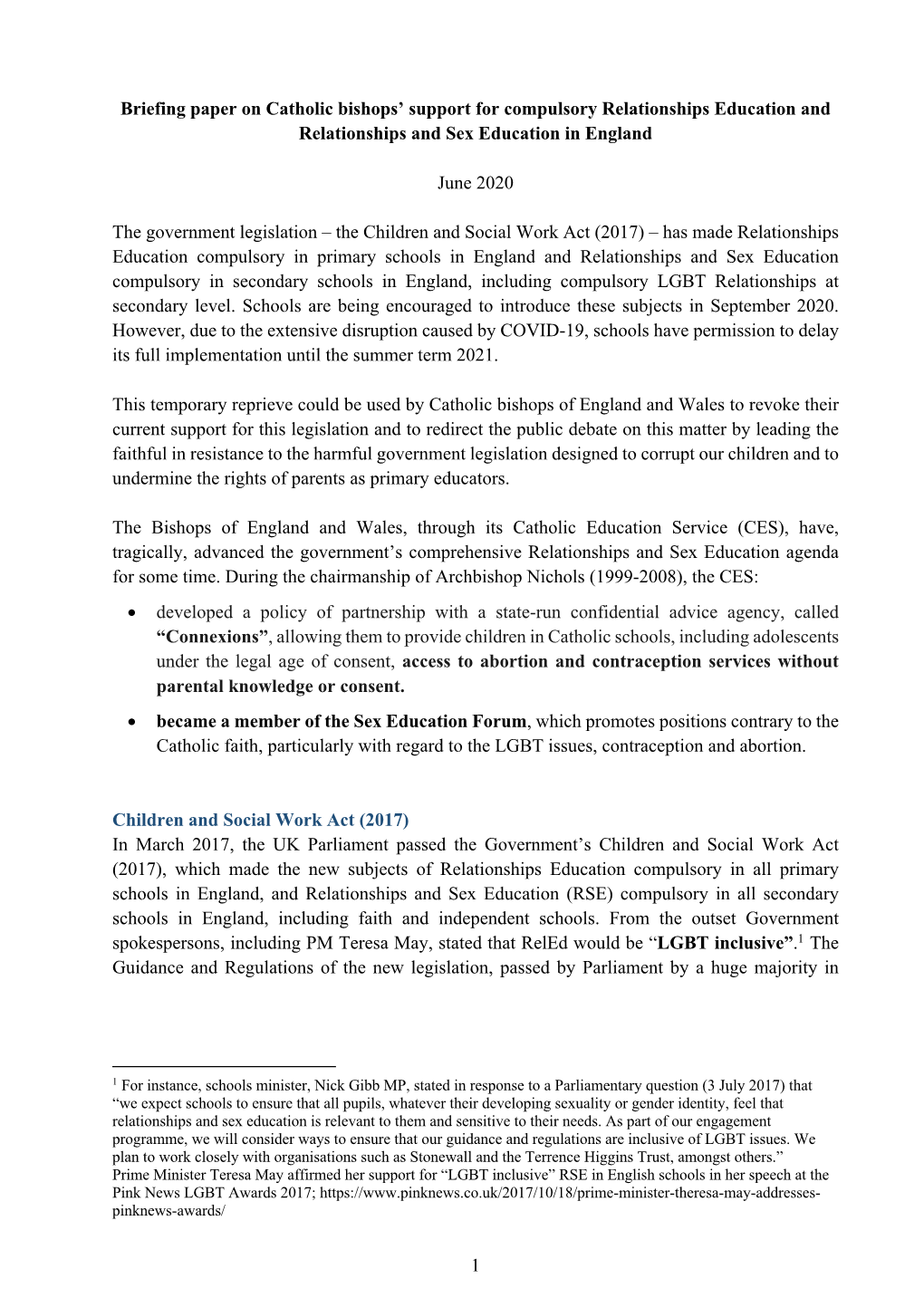 1 Briefing Paper on Catholic Bishops' Support for Compulsory Relationships Education and Relationships and Sex Education in En