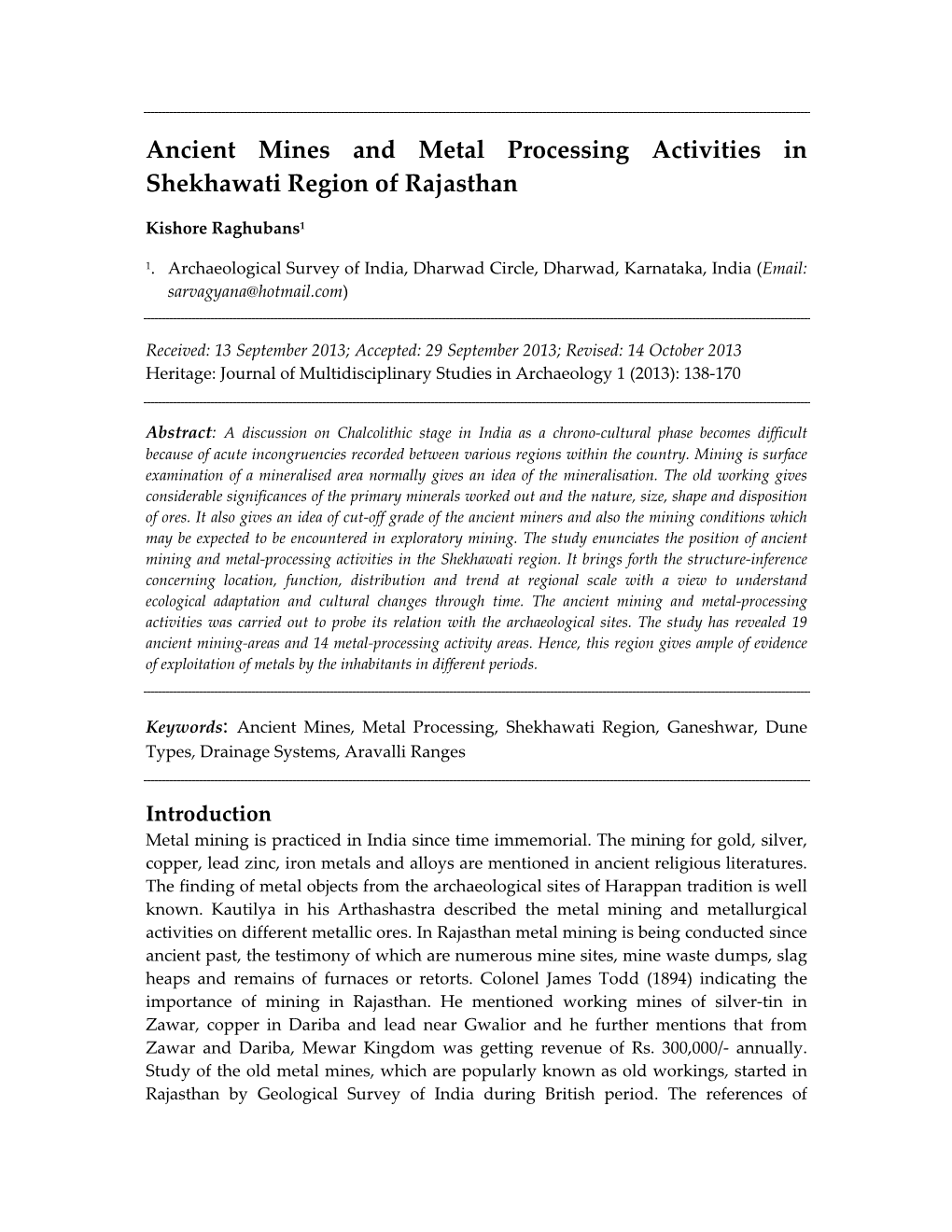 Ancient Mines and Metal Processing Activities in Shekhawati Region of Rajasthan