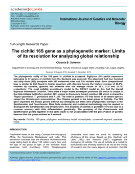 The Cichlid 16S Gene As a Phylogenetic Marker: Limits of Its Resolution for Analyzing Global Relationship