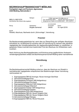 BEZIRKSHAUPTMANNSCHAFT MÖDLING Fachgebiet Jagd Und Fischerei, Agrarwesen 2340 Mödling, Bahnstraße 2