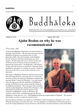 Ajahn Brahm on Why He Was Excommunicated 7Th November, 2009 a Theravada Bhikkhuni Ordination Was Held in Perth on Thursday 22Nd October