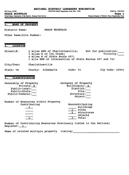 Page 1 Historic Name: SHACK MOUNTAIN Other Name/Site Number