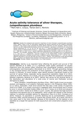 Acute Salinity Tolerance of Silver Therapon, Leiopotherapon Plumbeus 1,2Mark Nell C
