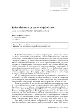 Sátira E Lamento: Os Contos De João Melo Satire and Lament: the Short Stories of João Melo