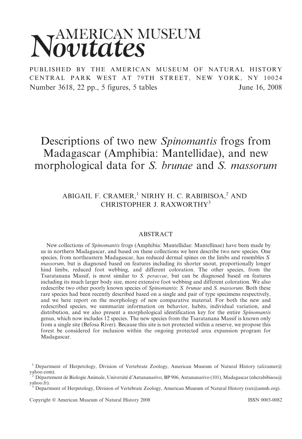 Descriptions of Two New Spinomantis Frogs from Madagascar (Amphibia: Mantellidae), and New Morphological Data for S