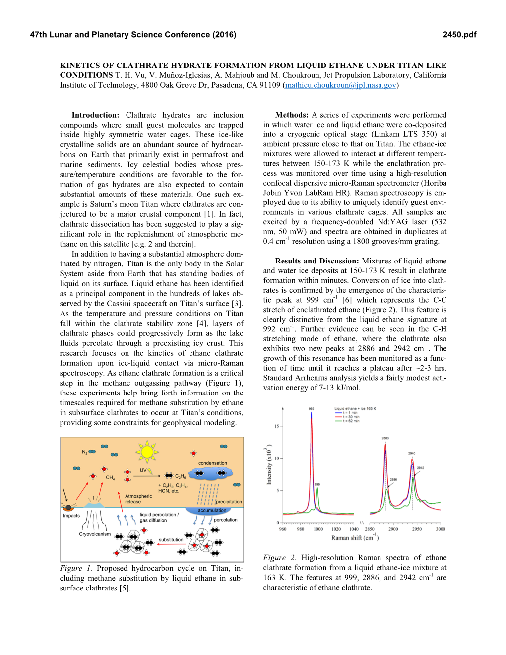 KINETICS of CLATHRATE HYDRATE FORMATION from LIQUID ETHANE UNDER TITAN-LIKE CONDITIONS T. H. Vu, V. Muñoz-Iglesias, A. Mahjoub and M