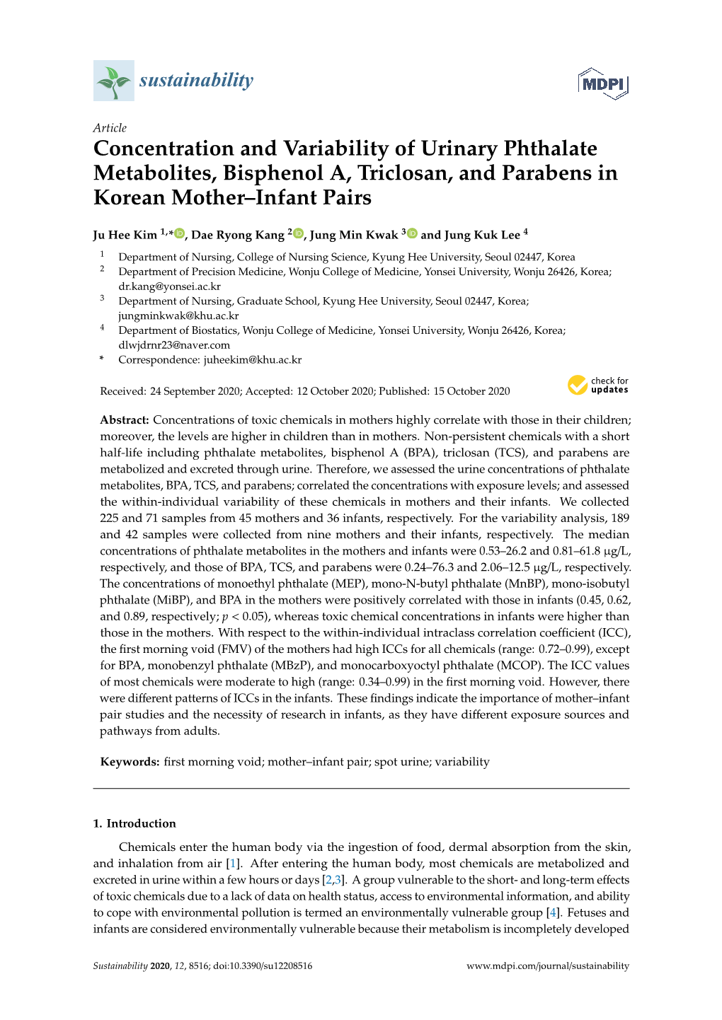 Concentration and Variability of Urinary Phthalate Metabolites, Bisphenol A, Triclosan, and Parabens in Korean Mother–Infant Pairs