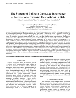 The System of Balinese Language Inheritance at International Tourism Destinations in Bali Ni Luh Nyomanseri Malini 1), Luh Putu Laksminy2), I Ketut Ngurah Sulibra3)