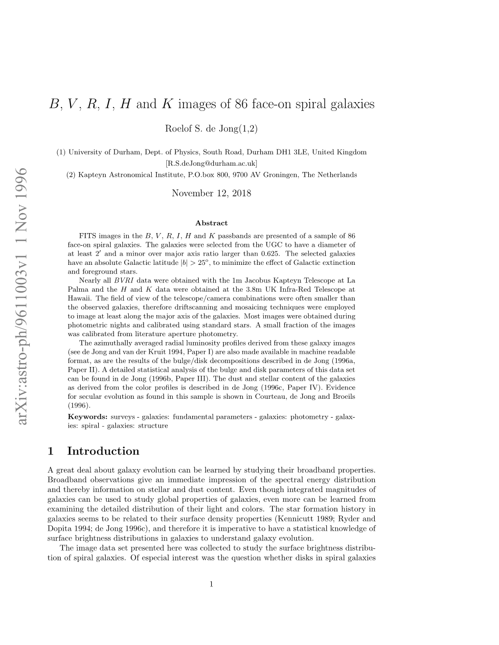 B, V, R, I, H and K Images of 86 Face-On Spiral Galaxies